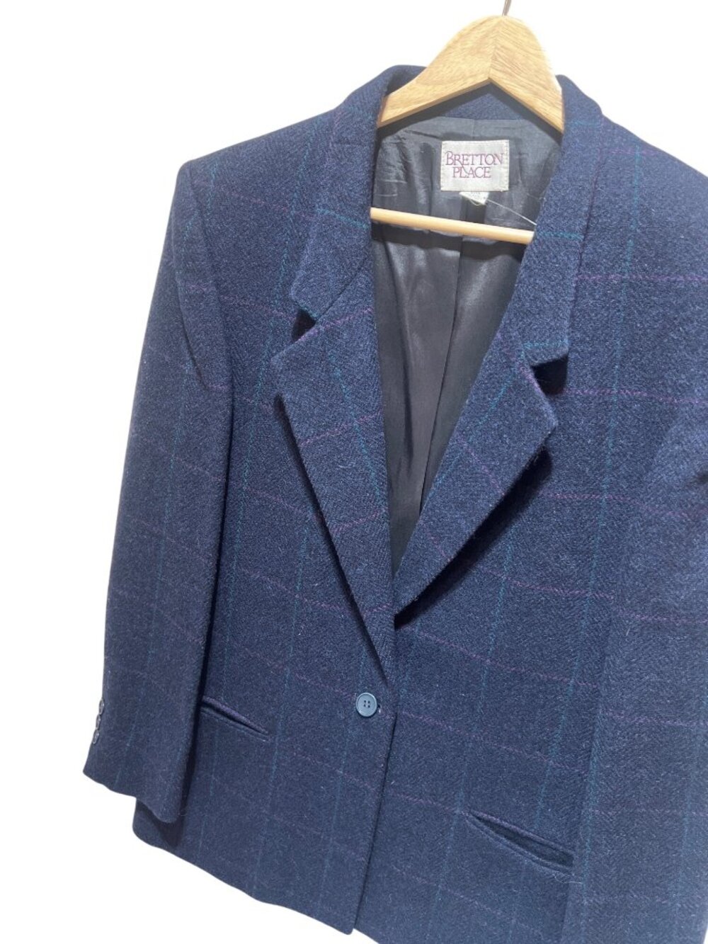 Bretton Place Vintage 80s Pure Wool Blazer Size 12 Navy Blue Plaid With Button C